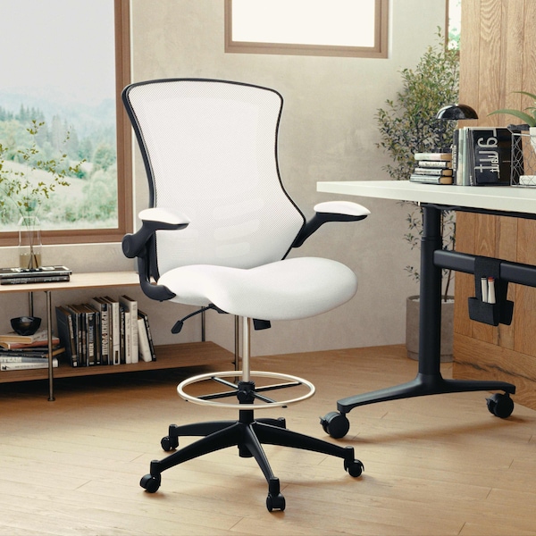 Flash Furniture Kelista Mid-Back White Mesh Ergonomic Drafting Chair with Adjustable Foot Ring and Flip-Up Arms BL-X-5M-D-WH-GG - main